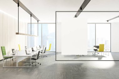 Modern ofis iç, yeşil ve sarı koltukları