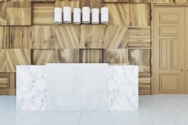 Beyaz ahşap bir ofis, resepsiyonda yakın çekim