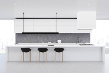 Beton zemin mutfak, beyaz masa, açık