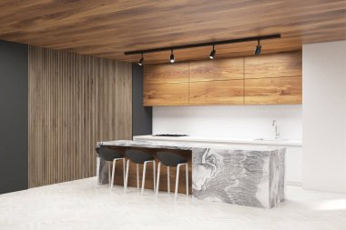 Beyaz, gri ve ahşap mutfak köşesi