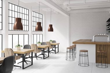 Beyaz ve tuğla kafe iç tarafı