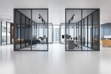 Panoramik ofis iç, karanlık cam duvarlar