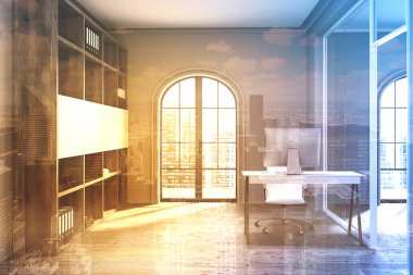 Tonlu beyaz Yöneticisi s ofis iç, kitaplık,