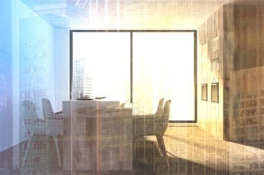 Gri mutfak iç, panoramik pencere, fırın