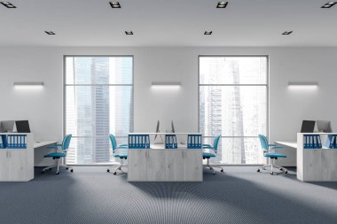 Bir mavi beyaz ofis yan ahşap raflar