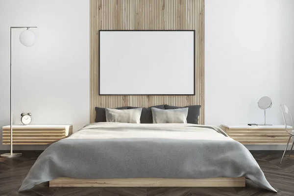 White and wooden bedroom with a poster — Stock Photo, Image