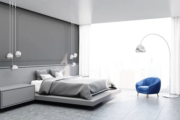 회색 침실 코너, 회색 침대 — 스톡 사진