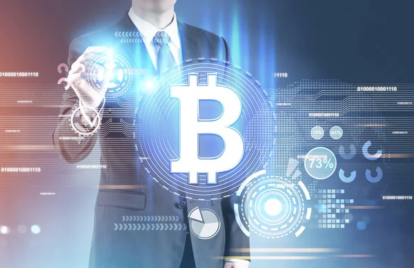 Glühender Marker Geschäftsmann, Bitcoin-Hologramm — Stockfoto