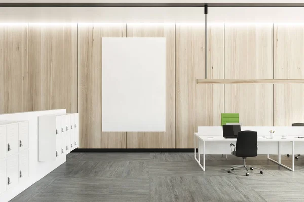 Ufficio in legno, armadi spogliatoio, poster — Foto Stock