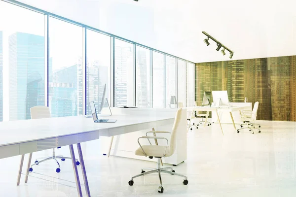 Panoramic wooden open space office corner — Stock Photo, Image