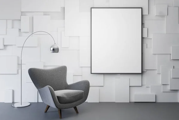白色客厅, 灰色扶手椅, 海报 — 图库照片