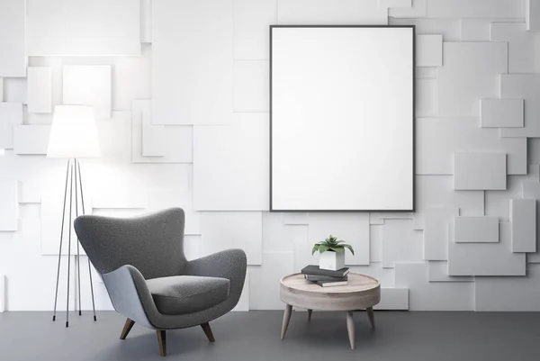 Bílý obývací pokoj, šedé křeslo, plakát, tabulka — Stock fotografie