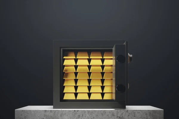 Open safe box, black wall, gold ingots