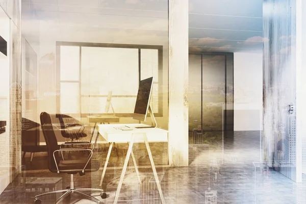 White and wooden open space office corner toned — Stock Photo, Image