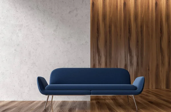 Habitación blanca y de madera, sofá azul — Foto de Stock