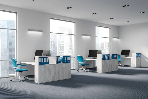 Wooden shelves in a white office corner, blue — Stock Photo, Image