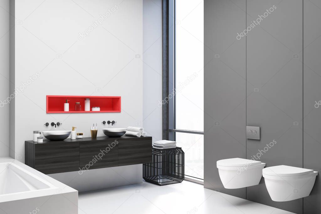 White and gray bathroom corner, toilets