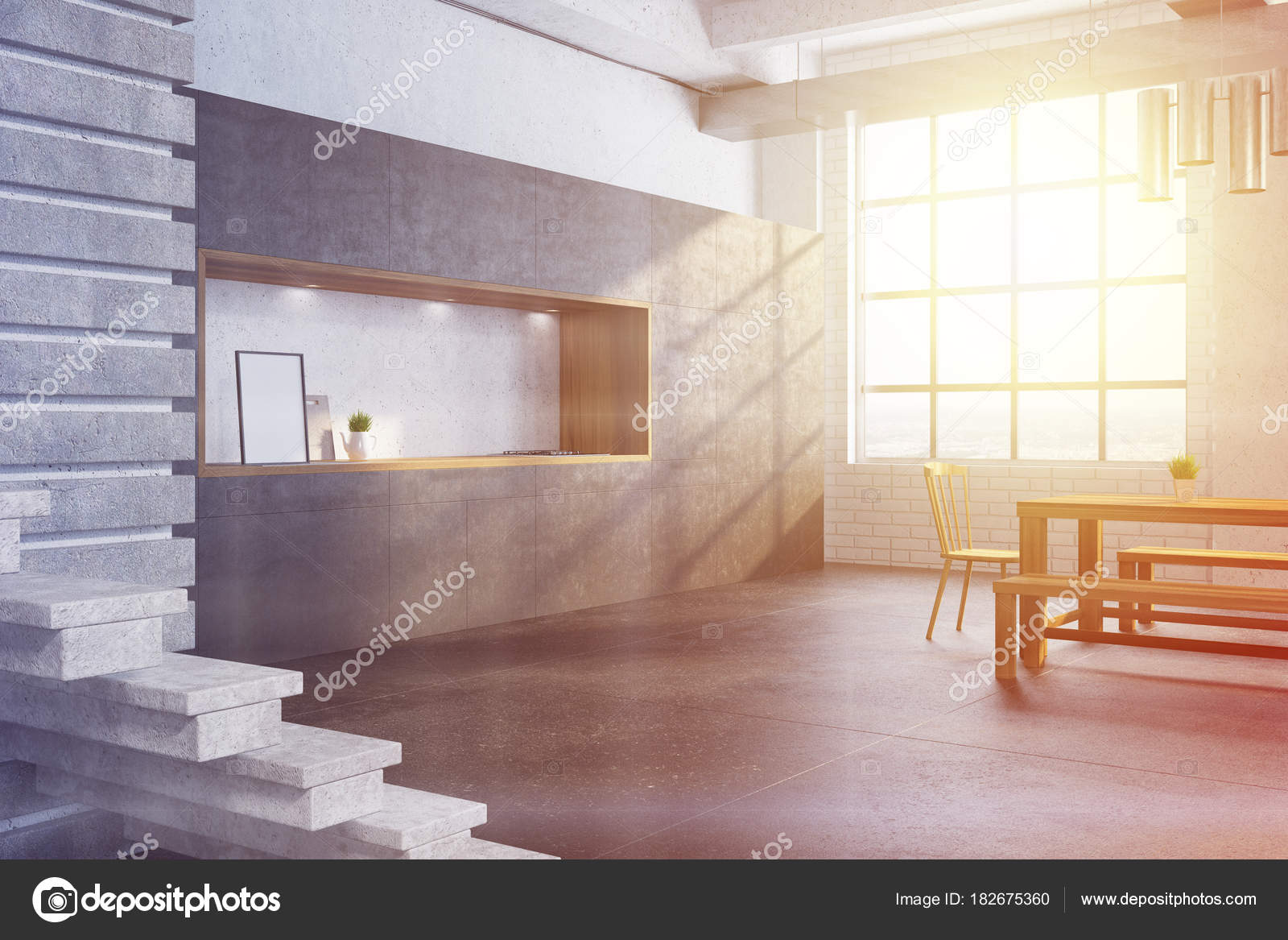 Gray Brick Modern Dining Room Corner Toned Stock Photo