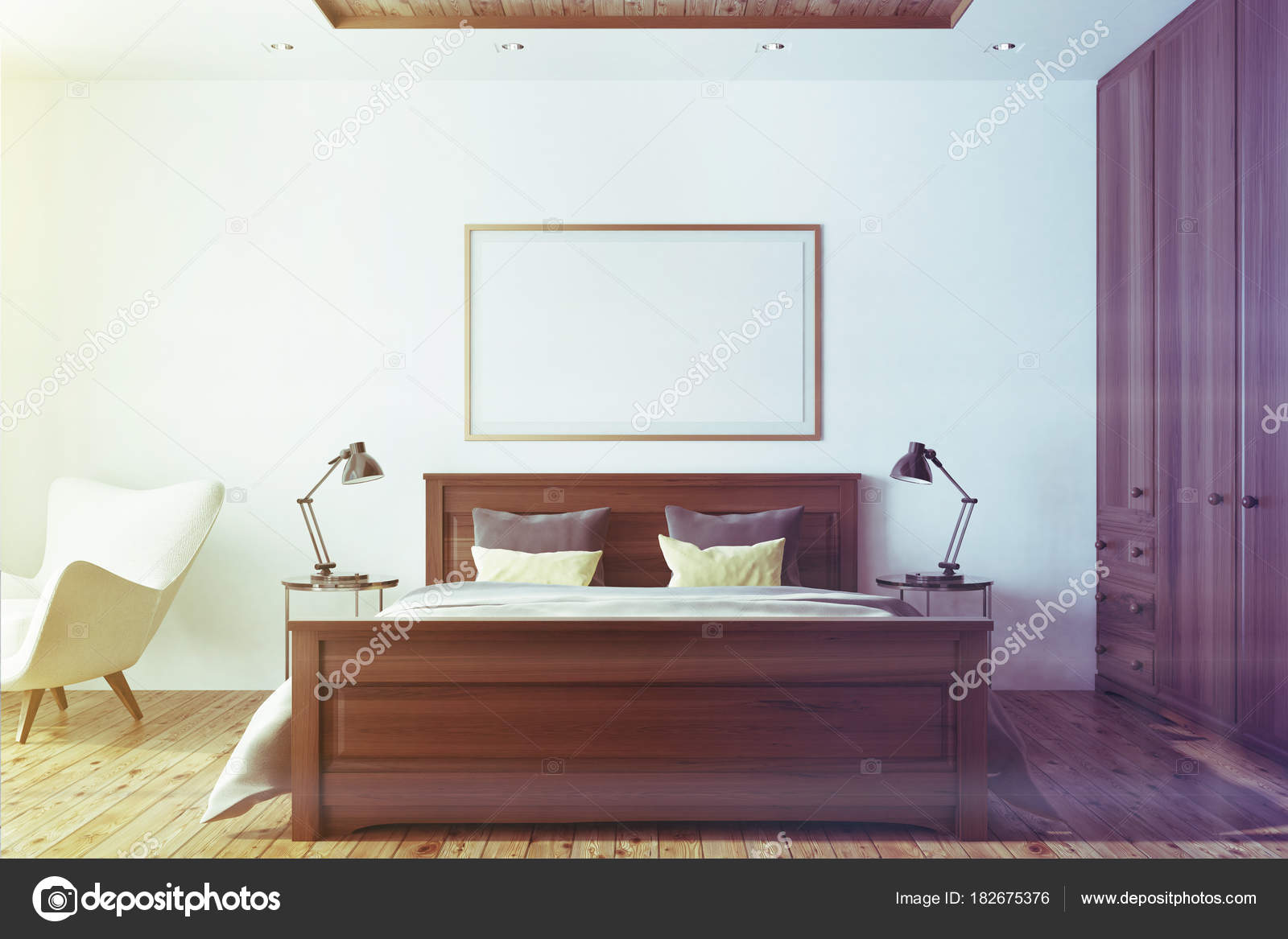 Weiße Schlafzimmer Innenraum mit getönten poster — Stockfoto ... Weiße Schlafzimmer Innenraum mit getönten poster — Stockfoto ...