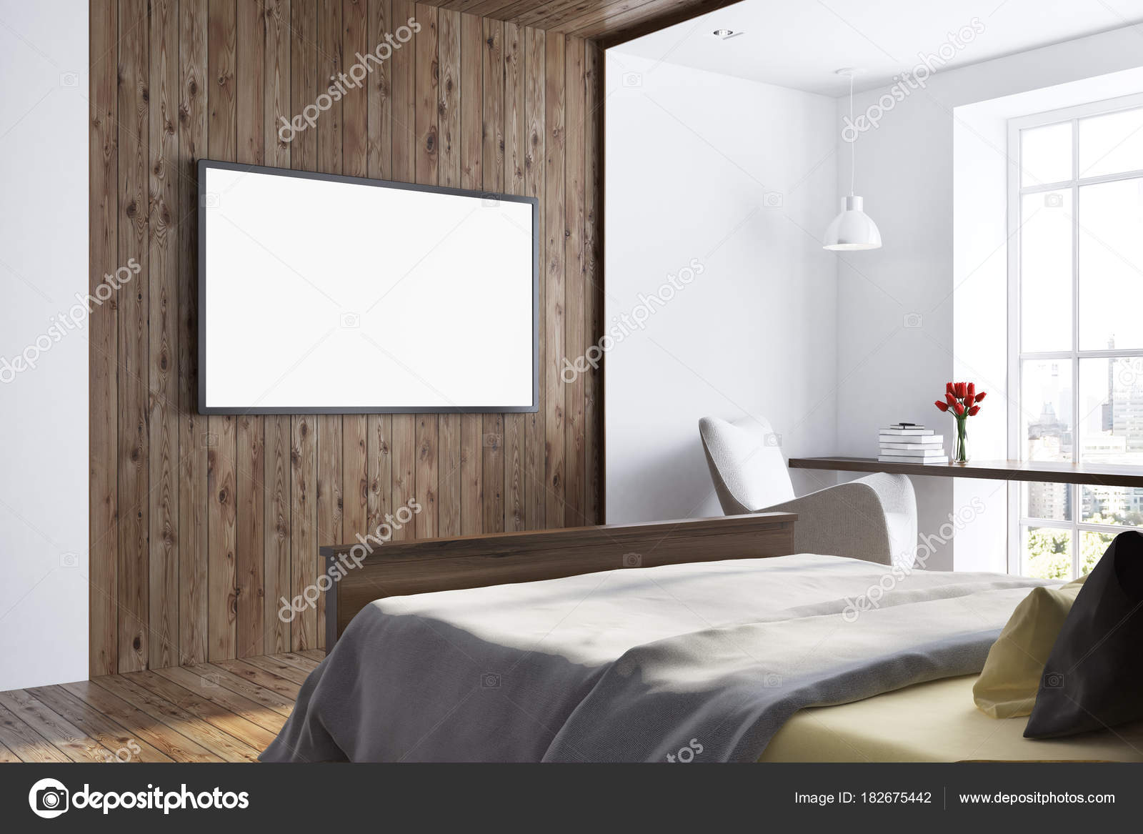 Donkere houten en witte slaapkamer. TV-toestel — Stockfoto ... Donkere houten en witte slaapkamer. TV-toestel — Stockfoto ...