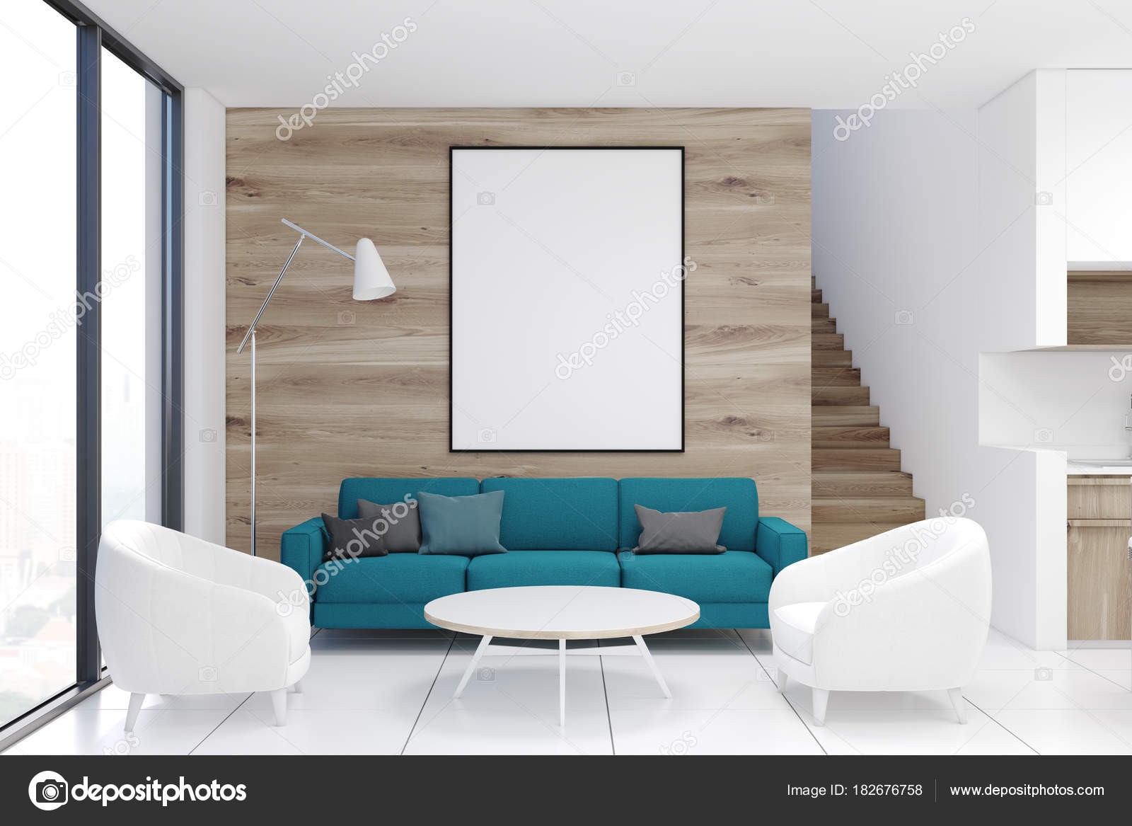 Salotto in legno, divano blu, poster — foto stock © denisismagilov ... Poster per salotto