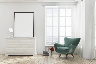 Yeşil bir koltuk ile beyaz oturma odası poster