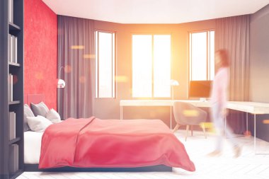 Gri ve kırmızı yatak odası, bilgisayar, bulanıklık