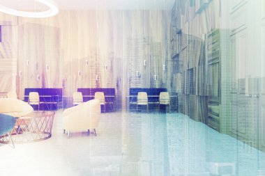 Ahşap ofis bekleme yeri, tonlu kanepe