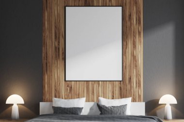 Dikey poster gri ve ahşap yatak odası, yakın çekim