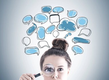 Magnifying glass woman, speech bubbles clipart