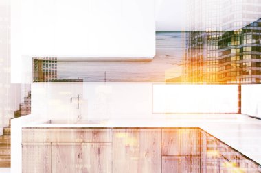 Beyaz mutfak ahşap mutfak tezgahı ile tonda