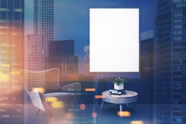 Mavi Oda gri boş koltuk, Masa, tonda poster