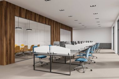 Mavi ve kırmızı sandalye ofis iç yan görünüm