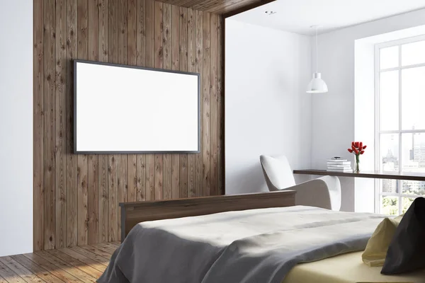 Donkere houten en witte slaapkamer. TV-toestel — Stockfoto