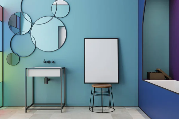 Cuarto de baño de cristal manchado azul, fregadero, cartel —  Fotos de Stock
