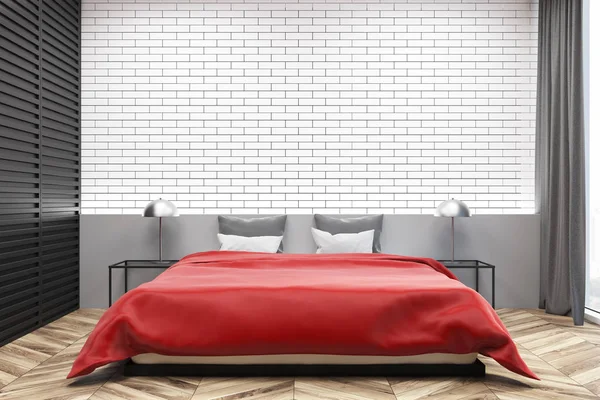 Biały cegła łóżko sypialnia, czerwony — Zdjęcie stockowe
