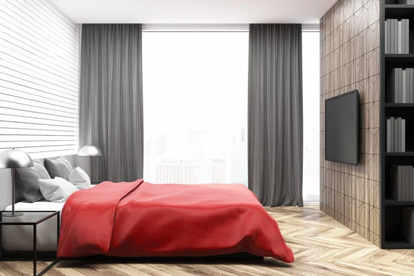 White bedroom interior, red bed side view