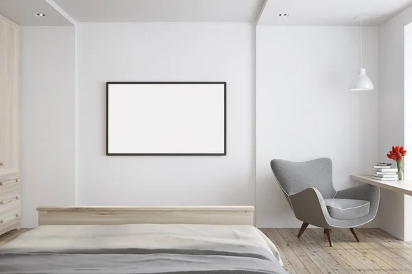 Біла вітальня з сірим кріслом, плакат — стокове фото