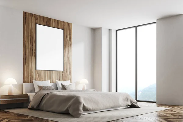 Biały i drewniane sypialnia, pionowy plakat — Zdjęcie stockowe