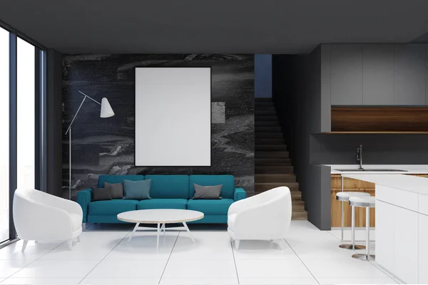 Grå vardagsrum, blå soffa, affisch — Stockfoto