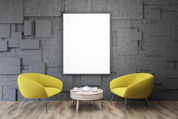 Salón gris, sillones amarillos y póster — Foto de Stock