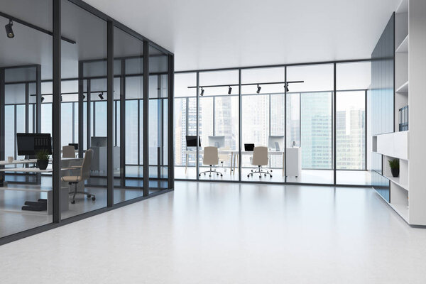 Dark glass wall open space office corner