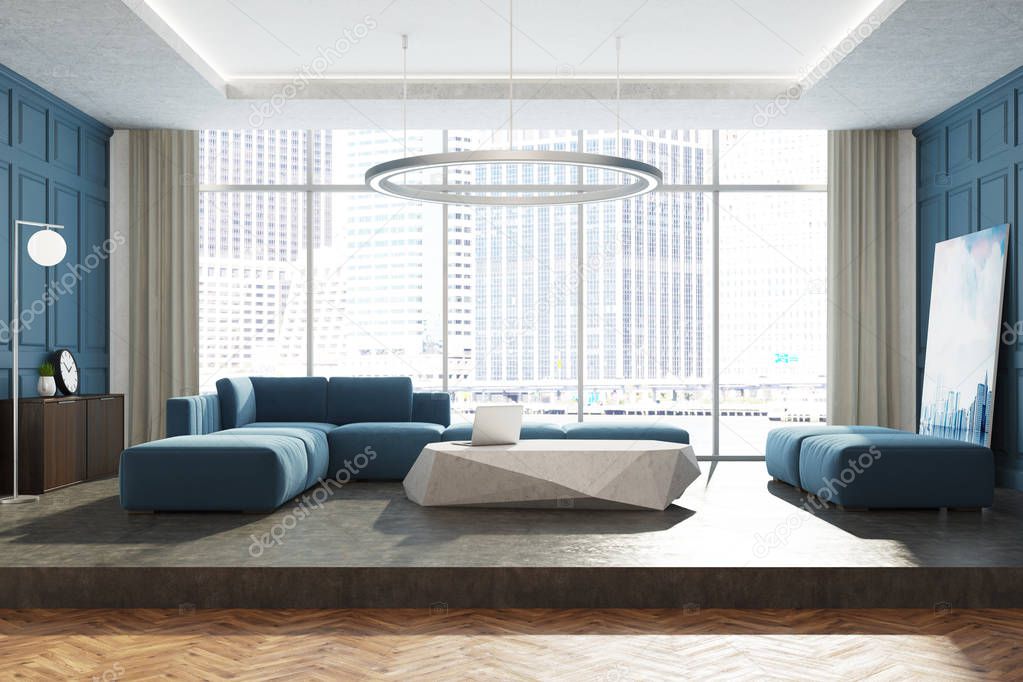 Blue panoramic living room interior