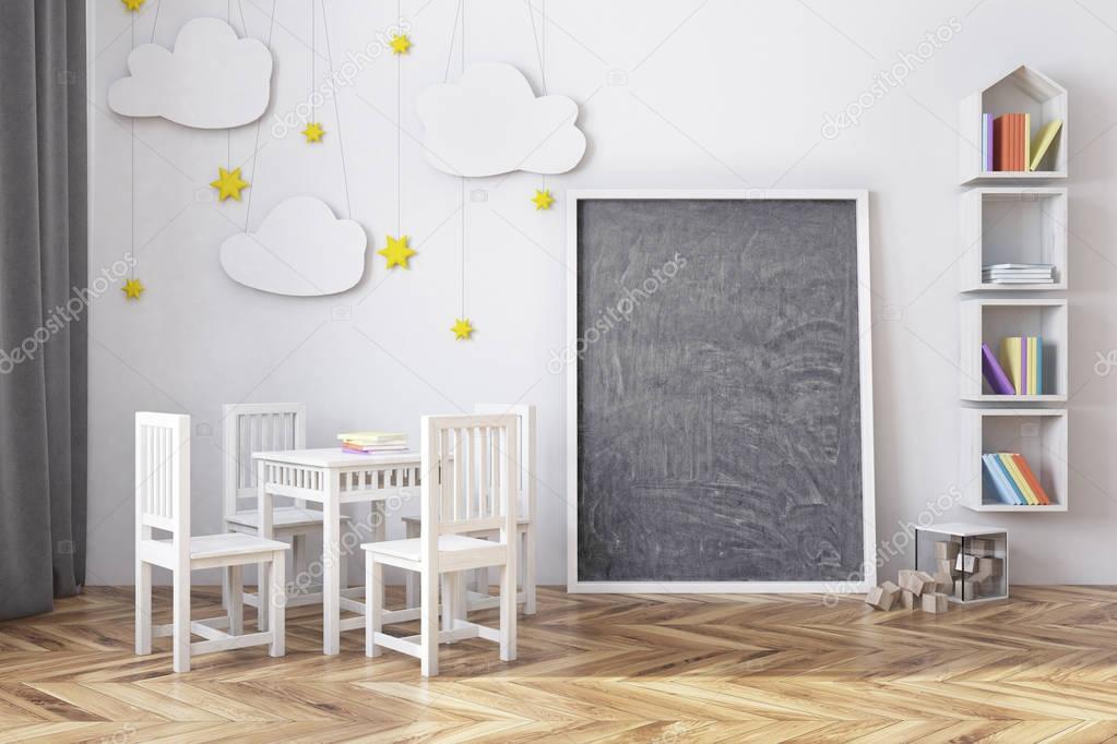 Nursery with a blackboard and bookcase