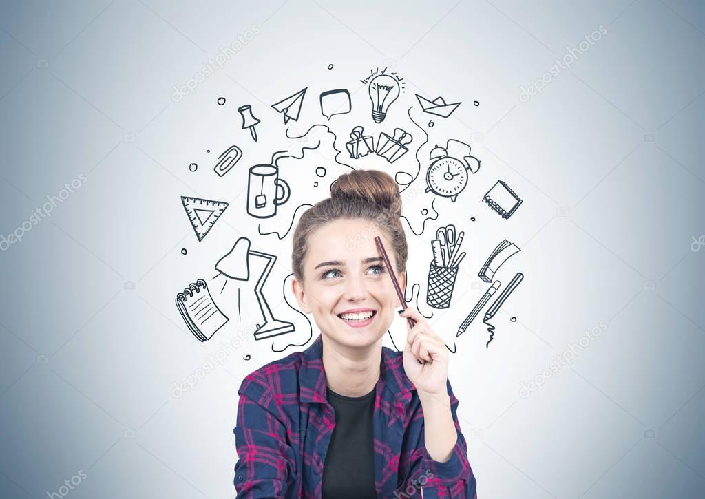 Smiling teen girl thinking, school concept
