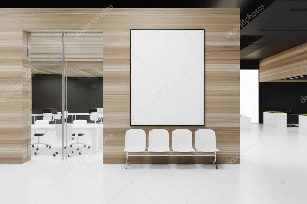 Wooden office waiting room with poster