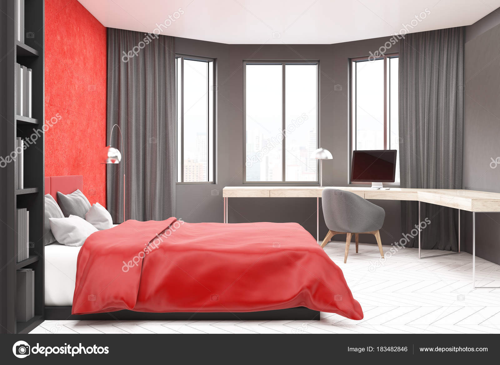 Camera da letto grigio e rosso, computer — Foto Stock ... Camera da letto grigio e rosso, computer — Foto Stock ...