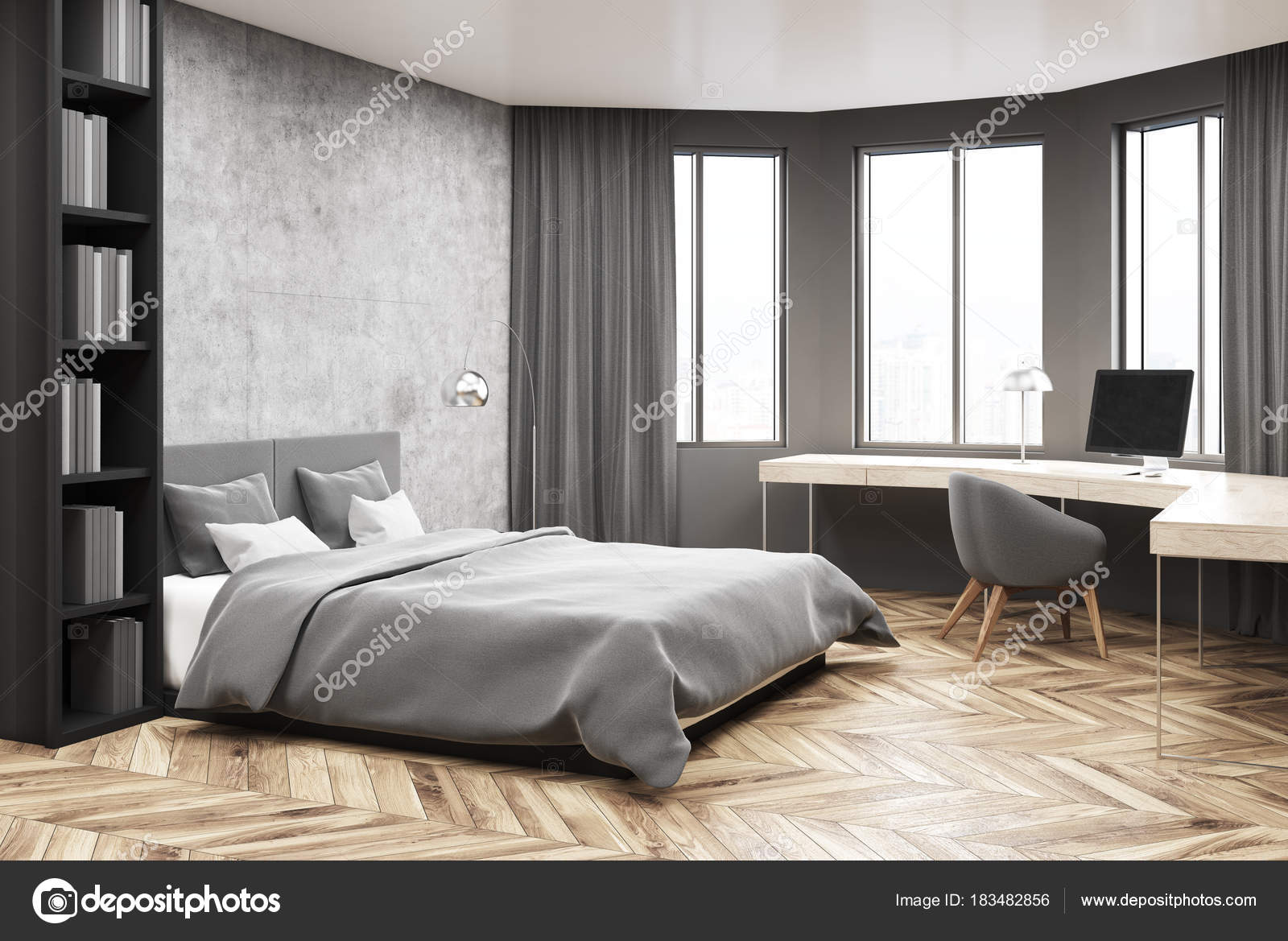 Gray And Concrete Bedroom Corner Computer Stock Photo