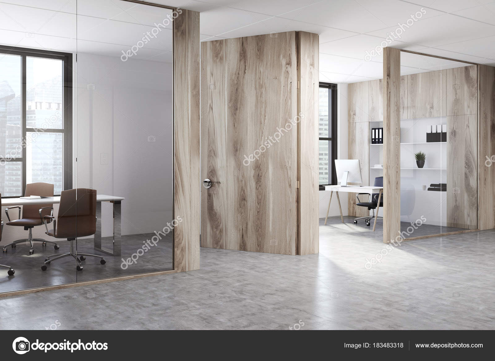 Light Wood Office Workplace Lobby Stock Photo