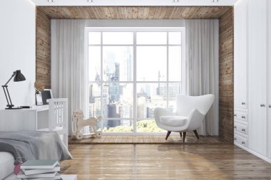 Loft beyaz ve ahşap çocuk odası iç